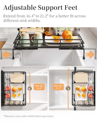 SAYZH Expandable Dish Drying Rack for Kitchen Counter, Metal, Black