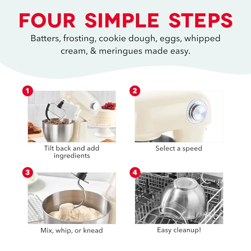 Dash 3.5QT Tilt-Head Stand Mixer - Electric Stand Mixer with Stainless Steel Bowl and Splash Guard For Baking - Cream, 3.5-Quart