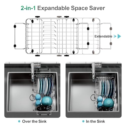 GSlife Small Over the Sink Dish Drying Rack - 9" W Expandable Stainless Steel Compact Dish Drainer for RV, Apartment, Camper, Kitchen, Dish Strainer with Lock Knob, Silver