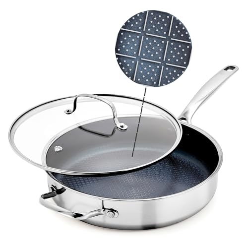 Blue Diamond Hybrid Nonstick Stainless Steel 4QT Saute Pan with Glass Lid, PFAS-Free Ceramic Diamond Bond, Deep Jumbo