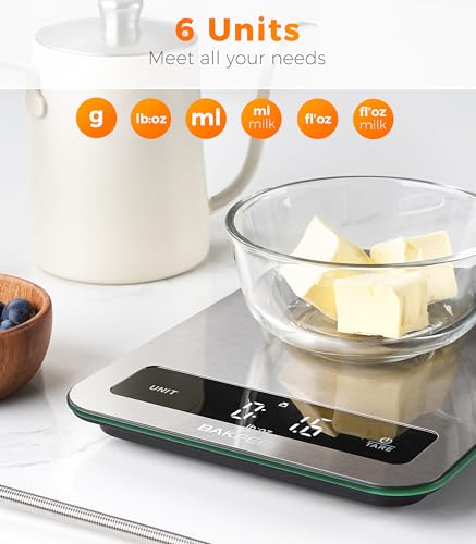 BakFee 100% Waterproof Food Scale, IP67 Digital Kitchen Scale, Rechargeable (USB-C), 0.1oz/1g Precision, 22lb Capacity, Stainless Steel & Tempered Glass, for Cooking, Making Sourdough Bread, Black