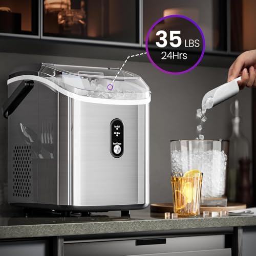 Kismile Nugget Ice Makers Countertop,35Lbs/24H,Portable Sonic Ice Machine with Self-Cleaning,One-Click Operation for Home/Office(Stainless Steels Silver)