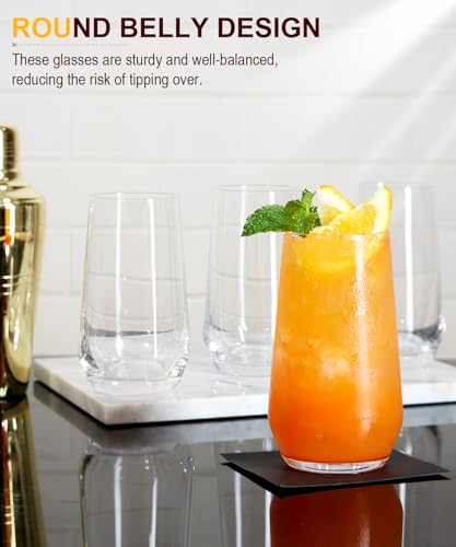 LUNA & MANTHA Drinking Water Glasses Set, Lead-Free Crystal Highball Glass, Tall Glass Cups for Cocktail Parties,Clear set of 8,16.2oz