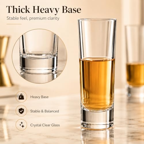 TAOUNOA 2 OZ Tall Shot Glasses 18 Pack - 3.9 Inch Clear Shot Cups for Whiskey, Tequila, Vodka, Espresso - Durable Glass Shot Glasses for Home, Bars & Parties