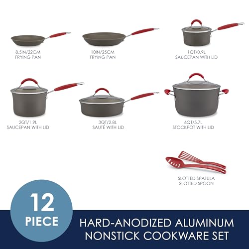 Rachael Ray Cucina Dishwasher-Safe Hard-Anodized Pots and Pans Set Non Stick Cookware, 12-Piece, Gray with Red Handles