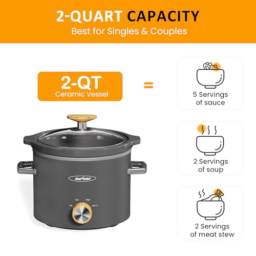 Sunvivi 2 Quart Slow Cooker, Small Slow Cooker with Removable Ceramic Pot, Slow Cookers Food Warmer with 3 Heating Settings & Dishwasher Safe Glass Lid, Grey
