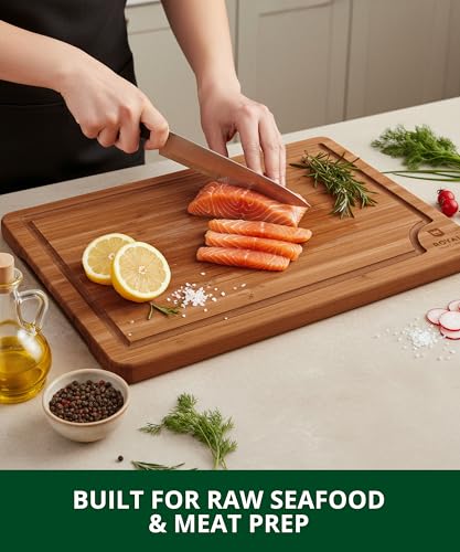 ROYAL CRAFT WOOD Wooden Cutting Boards for Kitchen Meal Prep & Serving - Non Toxic Bamboo Wood Cutting Board Set with Deep Juice Groove Side Handles - Charcuterie & Chopping Butcher Block for Meat