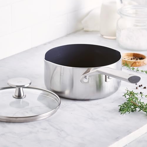 Blue Diamond Cookware Tri-Ply Stainless Steel Ceramic Nonstick, 1.6 QT Saucepan Pot with Lid, PFAS-Free, Multi Clad, Induction, Dishwasher Safe, Oven Safe, Silver