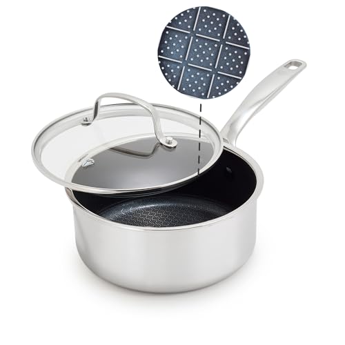 Blue Diamond Hybrid Nonstick Stainless Steel 2QT Saucepan with Glass Lid, PFAS-Free Ceramic Diamond Bond Pot, Dishwasher