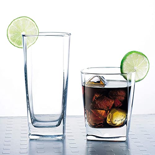 Le'raze Everyday Drinking Glasses Set of 8 Drinkware Kitchen Glasses for Cocktail, Iced Coffee, Beer, Ice Tea, Wine, Whiskey, Water, 4 Tall Highball Glass Cups & 4 Short Old Fashioned.