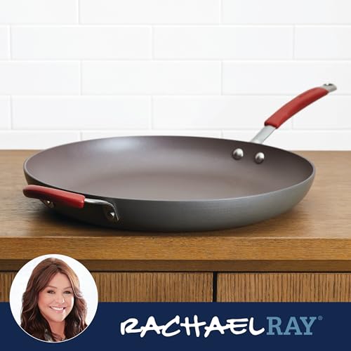Rachael Ray Cucina Hard-Anodized Nonstick Frying Pan, Gray with Cranberry Red Handles, 14 Inch Pan