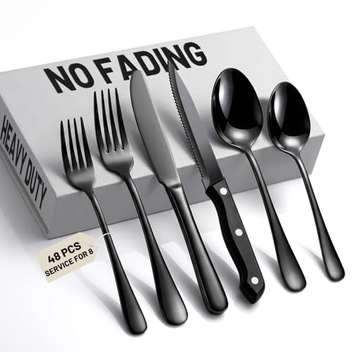 48 PCS NO-FADING Black Silverware Set with Steak Knives - KIKCOIN Food-Grade Stainless Steel Flatware Set for 8 - Mirror
