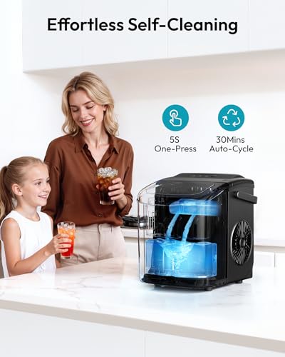 EUHOMY Countertop Ice Maker Machine with Handle, 26.5lbs Per Day, 9 Ice Cubes Ready in 6 Mins, Auto-Cleaning Portable Ice Maker with Basket and Scoop, for Home/Kitchen/Camping/RV (Black)