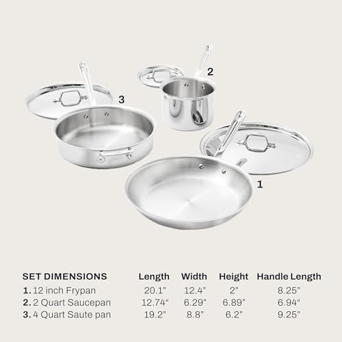 All-Clad D3® Stainless Steel 6 Piece Cookware Set- Made in USA- Includes 12" Fry Pan, 2 Qt Saucepan, 4 Qt Sautépan, Professional Grade -Oven Safe & Induction Compatible