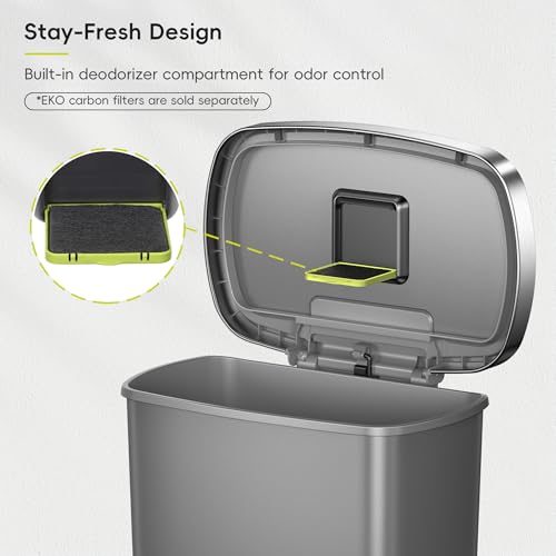 EKO Hana Select 13.2 Gallon / 50L Step Trash Can, Large Plastic Kitchen Trash Can with Stainless Steel Lid, Soft-Close & Stay-Open, Deodorizer Compartment, Wide Steel Pedal Garbage Can for Home, Grey