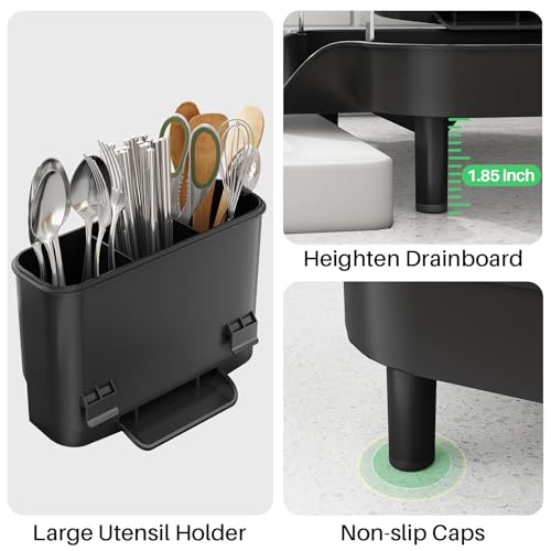 SAYZH Dish Drying Rack - Expandable Dish Rack for Kitchen Counter, Rust-Resistant Dish Drainer with Utensil Holder and Raised Guardrail, Kitchen Organizer for Cup and Bottle (Black)