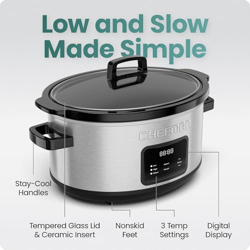 Chefman Slow Cooker 7 Quart, Large Family Size Programmable Digital Slow Cooker with 24-Hour Timer, Low, High & Warm Settings, Ceramic Crock, Tempered Glass Lid, Dishwasher-Safe, Stainless Steel