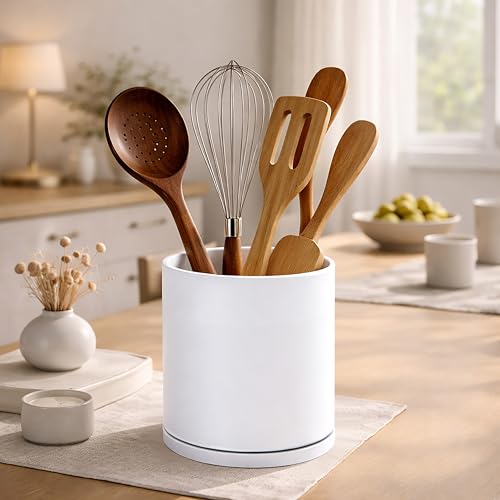 D'vine Dev 360° Rotating Utensil Holder – 7.2" Kitchen Utensil Crock for Countertop, Modern Cooking Tool Organizer for Kitchen Storage & Décor, White, 72-X-A-2