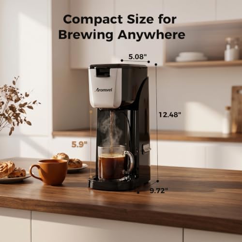 Aromvel 2-in-1 Single Serve Coffee Maker for K Cup Pods & Ground Coffee, 6 to 14 oz Brew Sizes, Compact Small Brewer with Dual Buttons, Adjustable Drip Tray for Travel Mugs, Silver