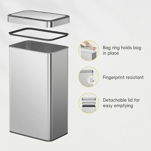 EKO Nova Sensor Trash Can, 21 Gallon/80 Liter Stainless Steel Rectangular Touchless Motion Sensor Trash Can, Matte Metallic