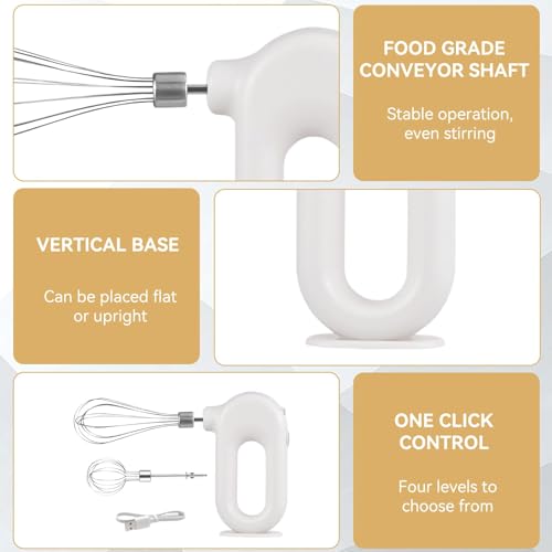4 Speed Electric Hand Mixer, Mini 4 Speed Adjustable Cordless USB Rechargeable Electric Whisk Hand Mixer Portable Handheld Mixer 1500mAh Egg Beater (White)