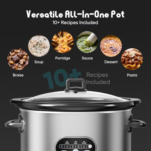OLIXIS Slow Cooker 8 Quart, Ceramic Nonstick Coating, Programmable Slow Cooker with Dishwasher Stoneware Pot and Tempered Glass Lid, Multi Cookers with 3 Temperature, 35in Tangle Free Cord, Silver