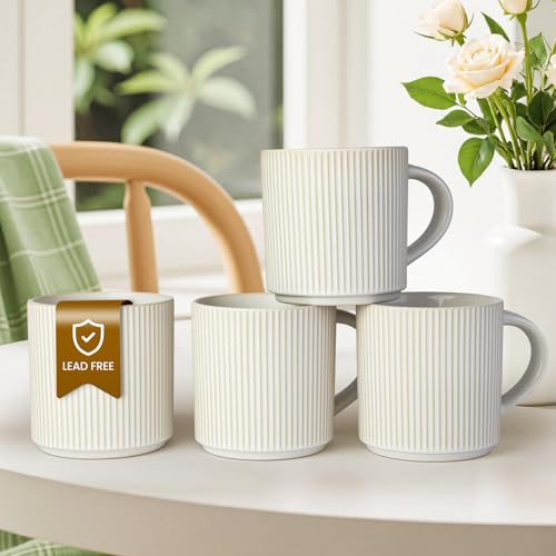 DeeCoo Matte White Coffee Mugs Set of 4, 12 Ounce Mug with Handles, Ceramic Stoneware Catering Coffee Cups, Porcelain Mugs Sets for Coffee, Tea, Hot Cocoa, Milk, Microwave and Dishwasher Safe