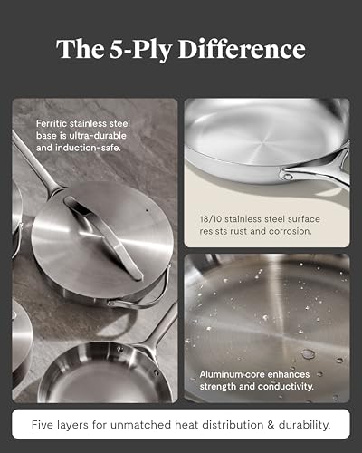 Caraway Stainless Steel Sauté Pan (4.5 Qt) - 5-Ply Stainless Steel - Oven Safe & Stovetop Agnostic - Non Toxic, PTFE & PFOA Free