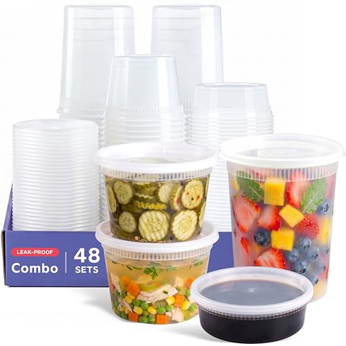 GUSTO To Go Food Containers with Lids [8 oz, 16 oz, 32 oz - 48 Count] - Deli Plastic Food Storage Containers with Lids for Meal Prep, Leftovers, and Freezer Storage - Formerly Comfy Package
