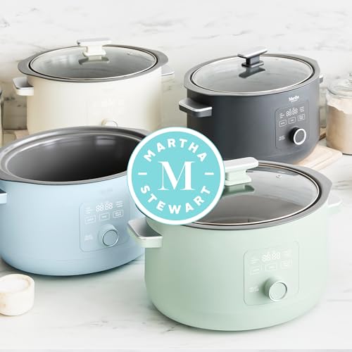 Martha Stewart 8 QT Slow Cooker, Programmable with Timer, 3 Heat Settings (Low, High, Warm), Nonstick Ceramic Removable Crock, Stovetop & Oven Safe, Glass Lid, Simmer, Reheat, Warm, Caviar