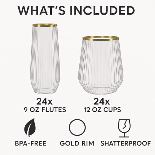 Oojami 48 Pack Ribbed Origami Ripple Plastic Glasses, 24 9 Ounce Stemless Champagne Flutes & 24 12 Ounce Cups, BPA-Free Disposable Shatterproof Toasting Glasses for Weddings Bars Events (Gold Rim)
