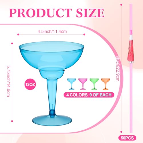 Honeydak 86 Pcs Plastic Margarita Glasses with Cocktail Straws, 36 Pcs 12 oz Disposable Margarita Glass Cups, 50 Pack Straws for Cocktails Summer Party Tropical Beverages, Multicolor(Hawaiian)