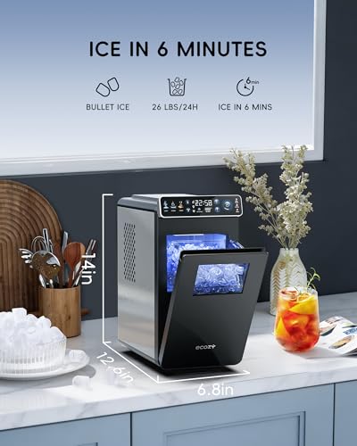 ecozy Ice Makers Countertop, Ultra Slim Design with Full-Color Panel, Internal Lights, 26 lbs/24H, Timer Ice Making, Two Ice Sizes, Portable Self-Cleaning Ice Machine for Home/Kitchen/RV