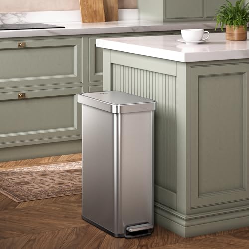 EKO Hudson Slim 50L / 13.2 Gallon Kitchen Trash Can with Lid, Stainless Steel Step Garbage Can for Kitchen or Home, Space-Saving Garbage Can with Soft Close Lid, Stay-Open, Liner Ring, Handle