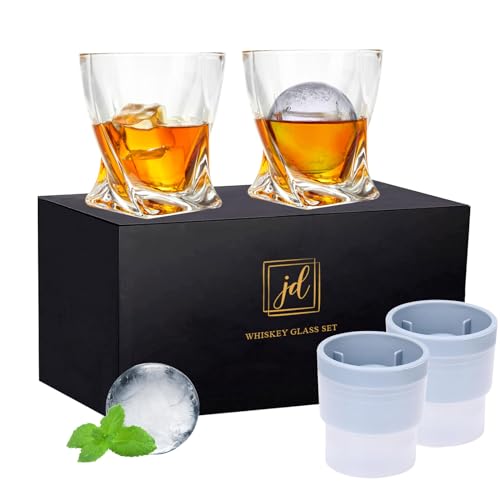 Whiskey Rocks Glass Set In Gift Box - Includes 2 Crystal Bourbon Glasses and 2 Big Ice Ball Molds - 11 Oz Old Fashioned Glasses for Scotch, Cocktails, Rum, Cognac, Vodka - Unique Gift for Men