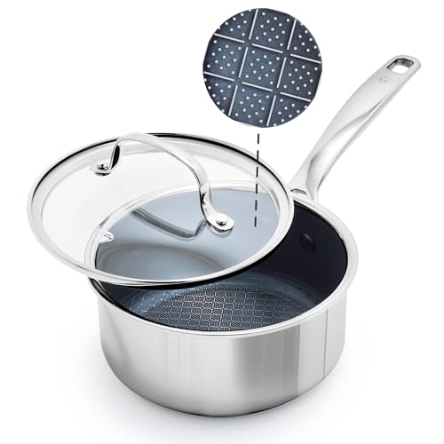 Blue Diamond Hybrid Nonstick Stainless Steel 1.57QT Saucepan with Glass Lid, PFAS-Free Ceramic Diamond Bond