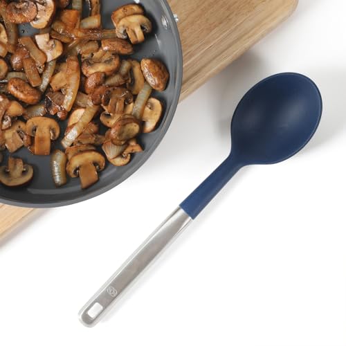 Calphalon Prime Kitchen Spoon, Kitchen Cooking Spoon, Silicone Spoon, Stainless Steel Spoon with Navy Silicone Head High-Heat Resistant for Nonstick Cookware, Ergonomic Handle for Stirring
