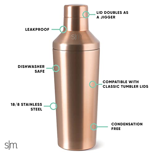 Simple Modern Cocktail Shaker Set with Jigger Lid | Stainless Steel Boston Shaker Insulated Martini Mixer for Mocktails | Gifts for Men Women Him Her | Classic Collection | 20oz | Metallic Gold