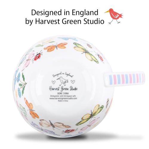 Colorful Butterfly Mug - 20oz Bone China Coffee Tea Hug Mug with Multicolor Butterflies, Ladybugs, Bees & Blooms, Perfect Gifts for Mom Women Mothers Day, Designed in England by Harvest Green Studio