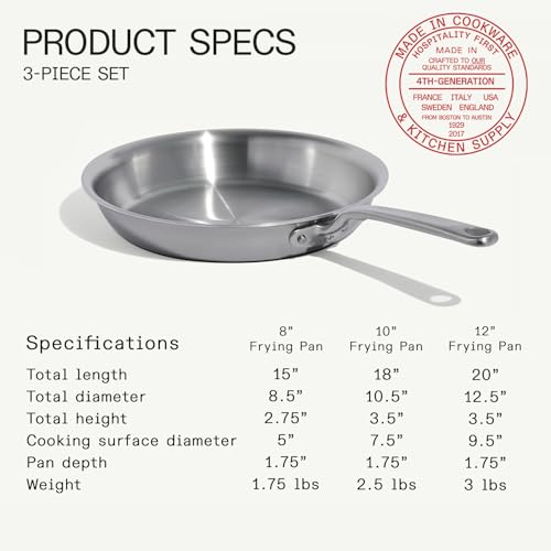 Made In Cookware - 3-Piece (Includes 8",10",12") Stainless Frying Pan Set - 5 Ply Stainless Clad - Professional Cookware - Crafted in Italy - Induction Compatible