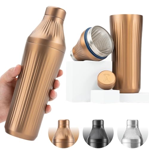 Elevated Craft Diamond Edition Hybrid Cocktail Shaker Set - Premium Vacuum Insulated Brushed Copper, 28 oz, Includes Built-in Strainer, Precise Measuring Top & XL Polishing Cloth - Martini Shaker