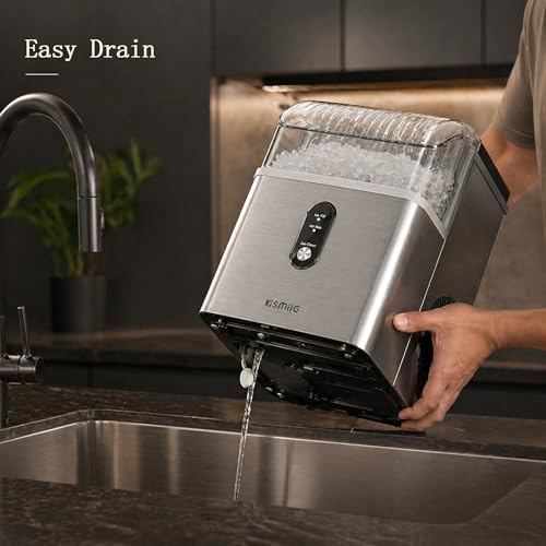 Kismile Nugget Ice Maker Countertop, Sonic Ice Maker with 35Lbs/24H, First Ice in 7 Mins, 1.2L Water Tank, Ice Basket Holds 2.2Lbs, Self-Cleaning Pebble Ice Machine for Home Kitchen Office Bar(Silver)