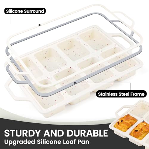 Vinino 2 Pack Mini Silicone Loaf Pans, 8-Cavity Metal Reinforced Frame Pans