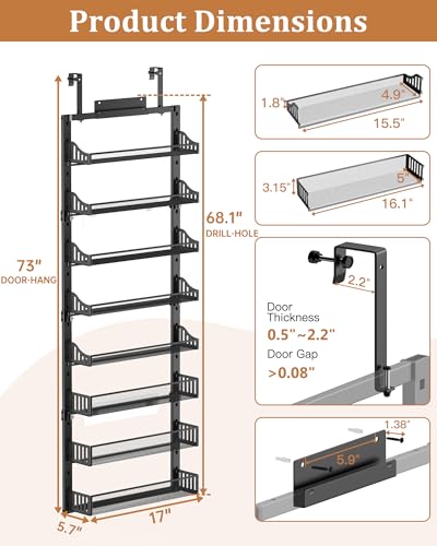 POKIPO 8-Tier Over the Door Pantry Organizer, Large Metal Door Spice Rack with Adjustable Basket, 2 in 1 Wall Mount or Hanging Heavy-Duty Pantry Door Storage Shelf for Kitchen and Bathroom, Black