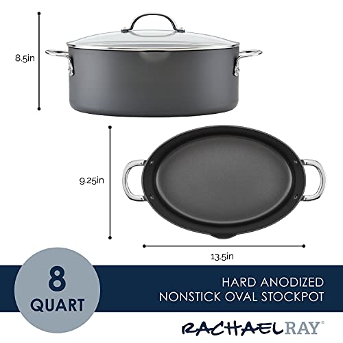 Rachael Ray Cookware, Professional Hard Anodized Nonstick Cookware Oval Pasta Stockpot and Braiser, 8-Quart, Gray