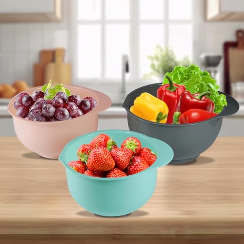 Cheeren Set of 3 Mixing Bowls with Pour Spout-Nesting Design Saves Space - Non-Slip, BPA Free, Dishwasher Safe Plastic - Kitchen Cooking and Baking Supplies (Green Pink Grey)