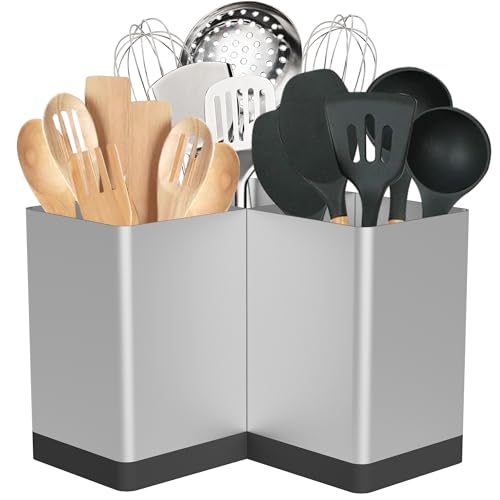 Suli Utensil holder,Kitchen Utensil Organizer for Corner Countertop,Extra Large Silverware Organizer with 3 Compartments,Farmhouse Decor,Iron,Silvery