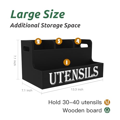 Suli Kitchen Utensils Holder, Wooden Utensil Organizer for Kitchen Countertop, Farmhouse Utensil Storage, Rustic Cooking Utensils ,4 Compartments,- Black