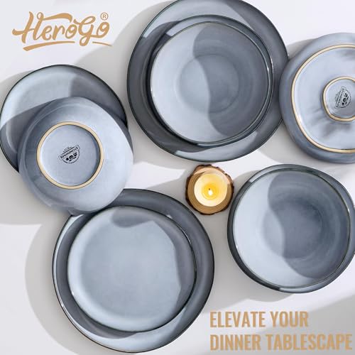 Herogo 24 Piece Dinnerware Dishes Sets for 8, Stoneware Plates and Bowls Dinner Set, Irregular Handmade Dishware Tableware for Home Kitchen, Microwave & Dishwasher Safe, Smoky Blue