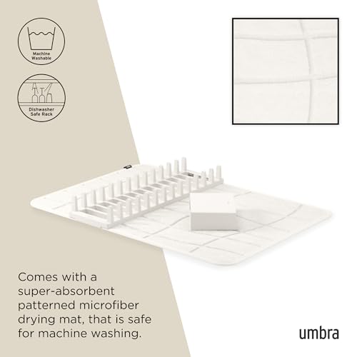 Umbra UDry Dish Drying Rack with Mat – Kitchen Countertop Dish Drainer & Absorbent Microfiber Drying Mat, Foldable Dish Rack Organizer for Plates, Cups & Utensils, Sand